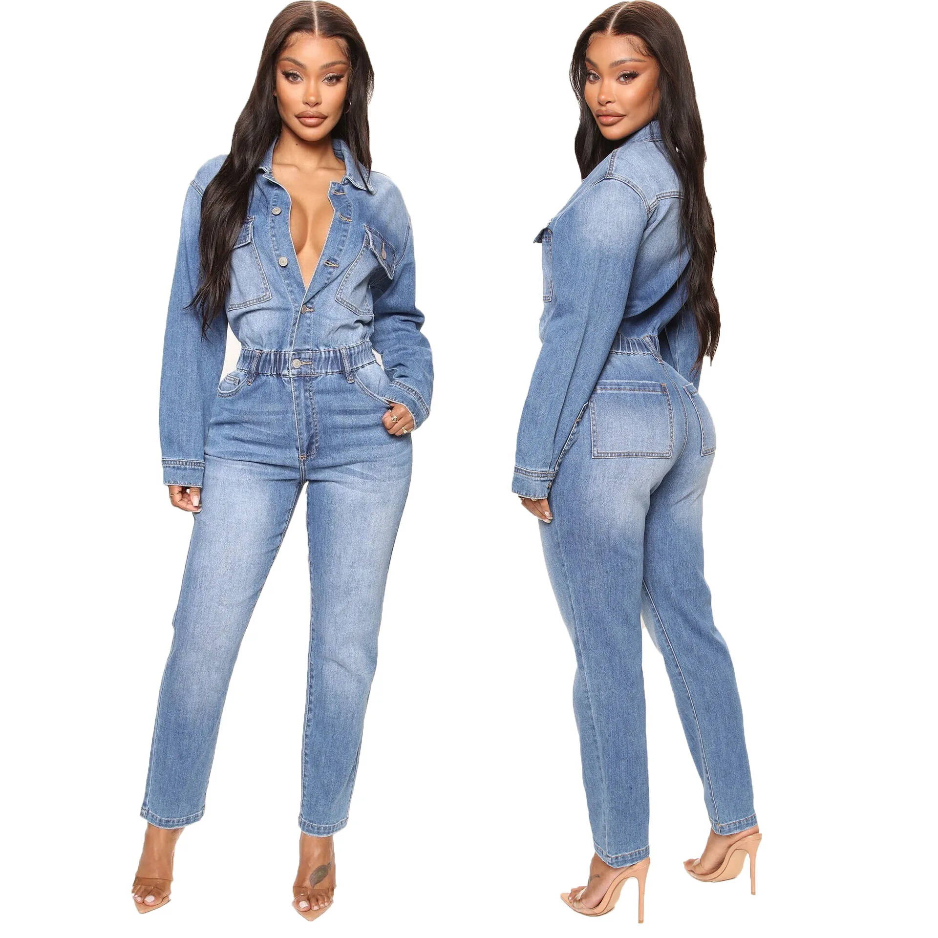 Women'S Jumpsuits Autumn Winter Casual Long Sleeve Slim-Fit Stretch Denim Jumpsuit Streetwear Tight Waist Jeans Romper Jumpsuits