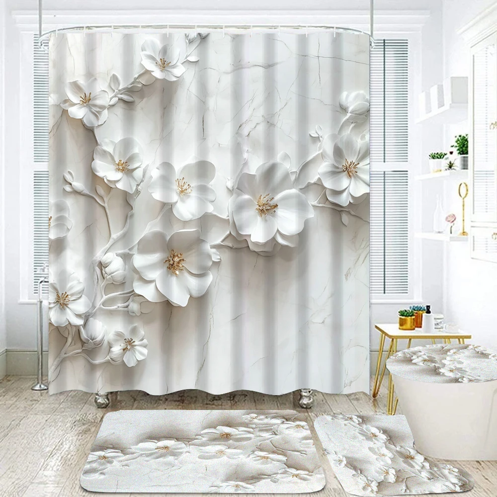 Elegant Bouquet of Fantastic White Flowers 3D Style Shower Curtain Bathroom Curtain with Bath Rug Carpet Set Floral Home Decor
