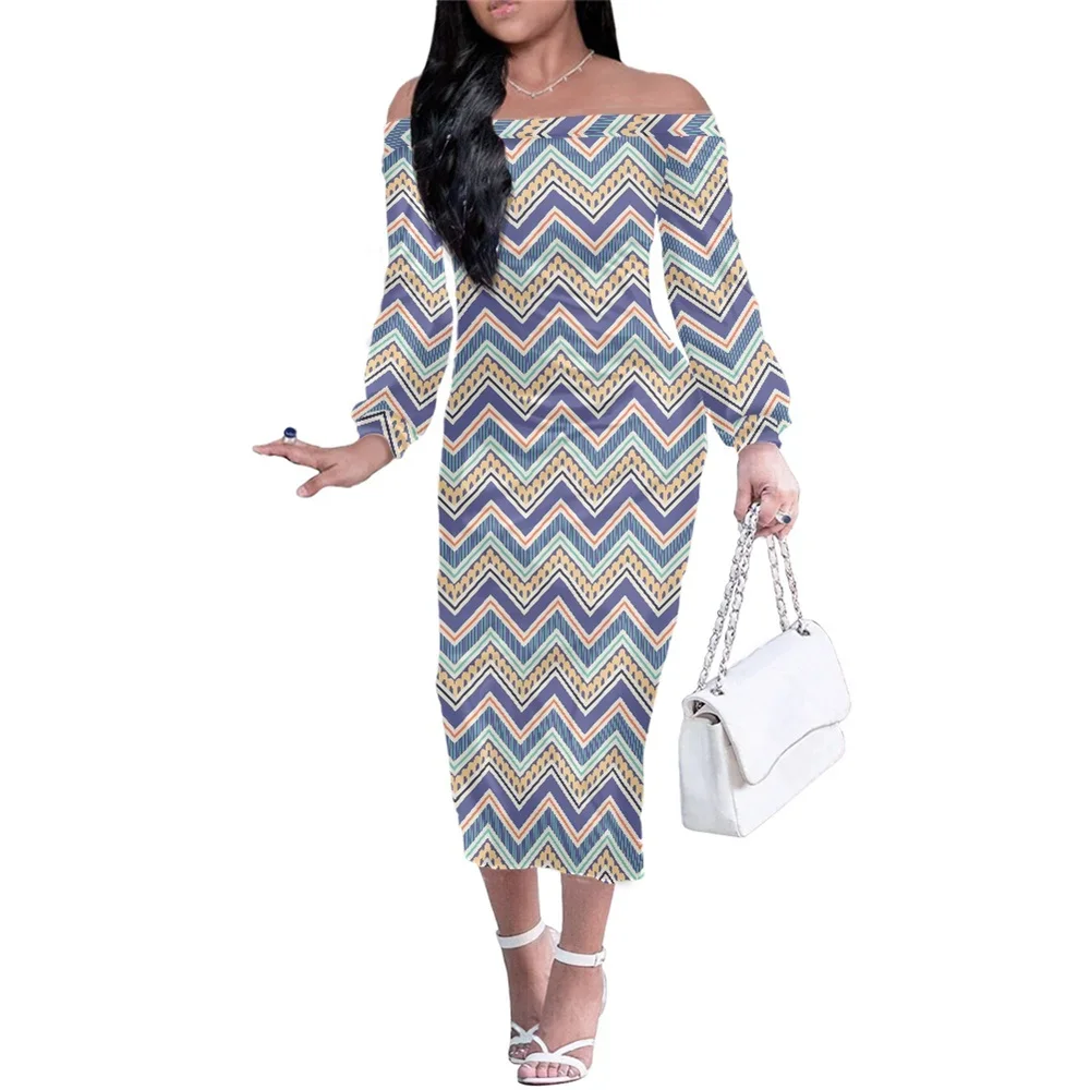 Tea-Length Long Sleeve Bodysuits Off Shoulder Dresses Women Dresses Striped Chevron Zigzag Colorful Print Ladies Sexy Dresses