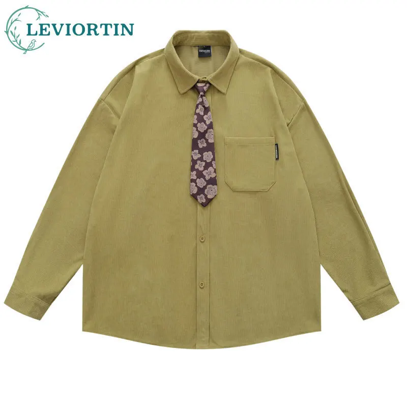 

Осенний новый стиль, американская ретро-мода, универсальная вельветовая однотонная свободная повседневная рубашка с простым карманом и галстуком для пары