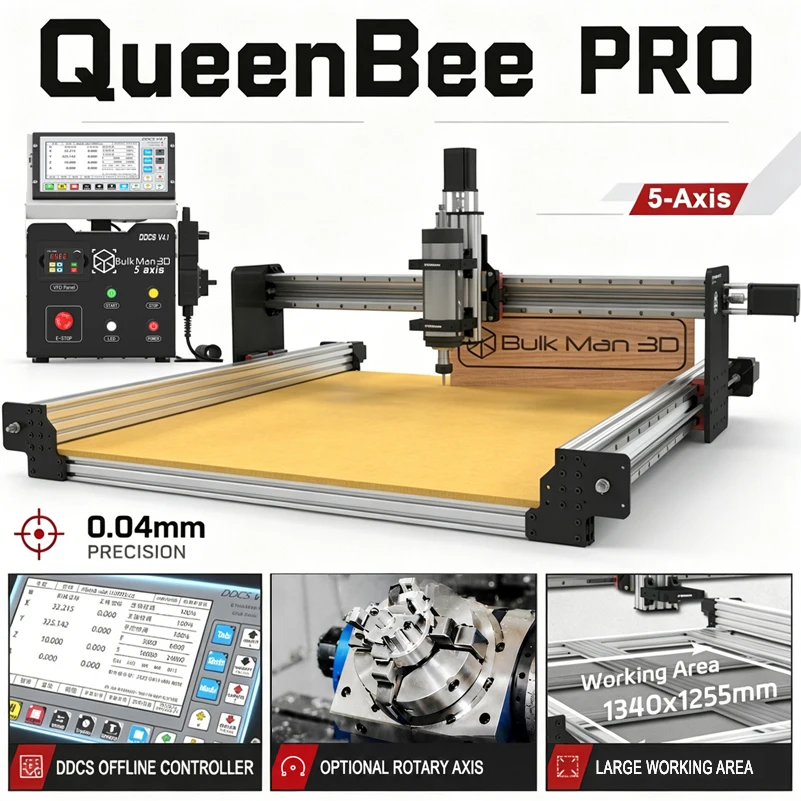 BulkMan3D QueenBee PRO 5-Axis CNC Router Machine Full Kit DDCSV4.1 Dual Linear Rails 2.2KW High Precision Wood Metal Engraver