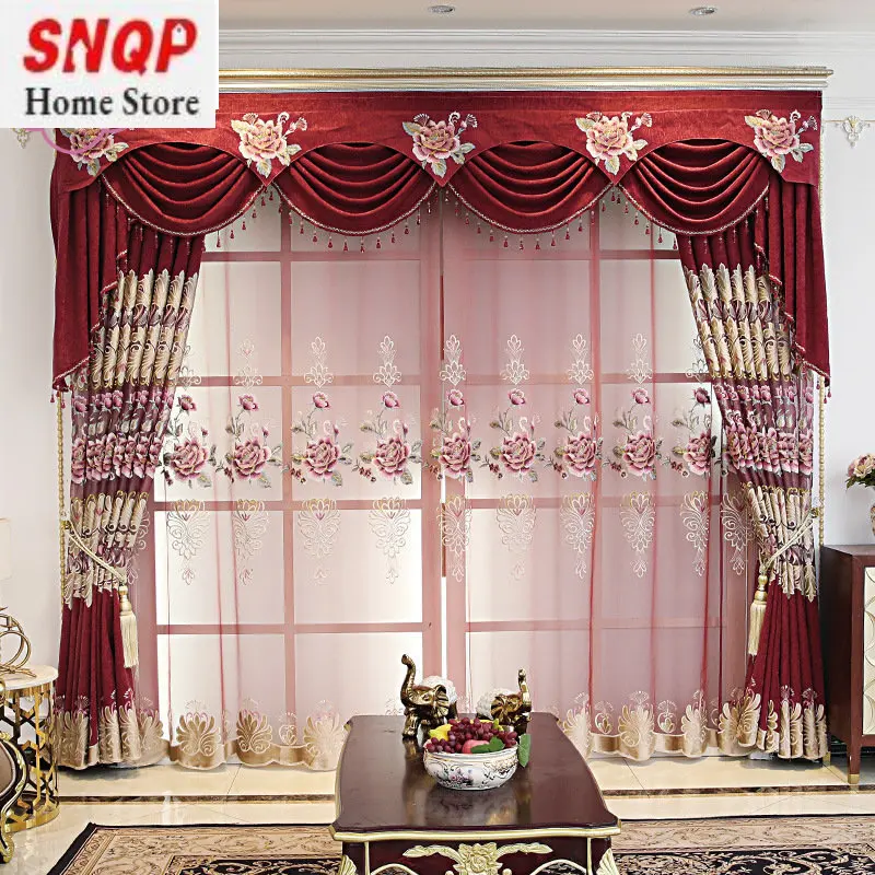 

European Embroider Red luxury Curtains for Living Room Dining blackout Bedroom Snowy Valance Tulle Elegant Decoration Custom