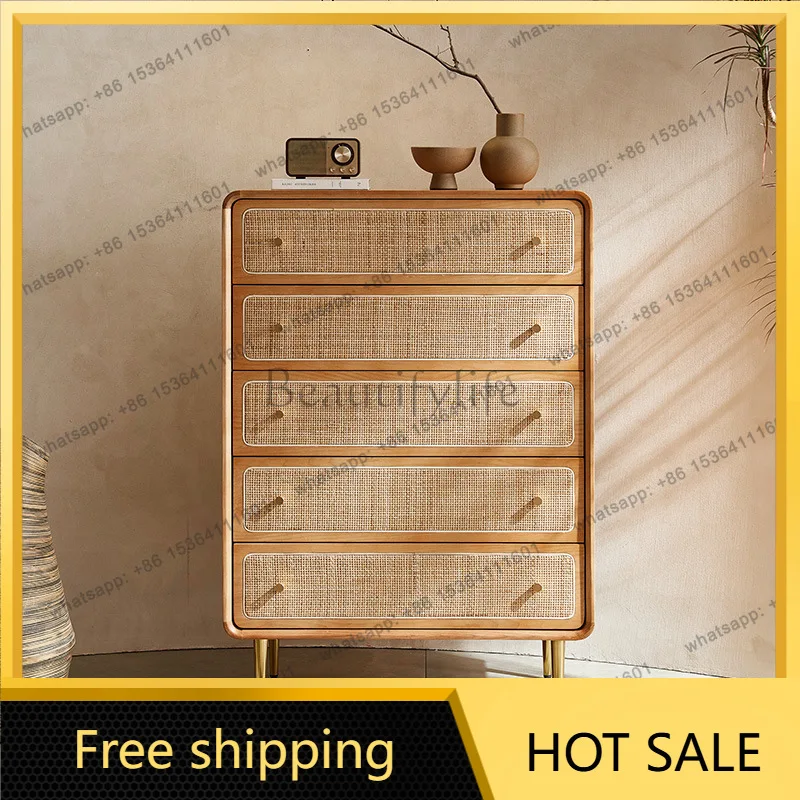 FG Nordic solid wood rattan, wabi-sabi side drawer storage, locker