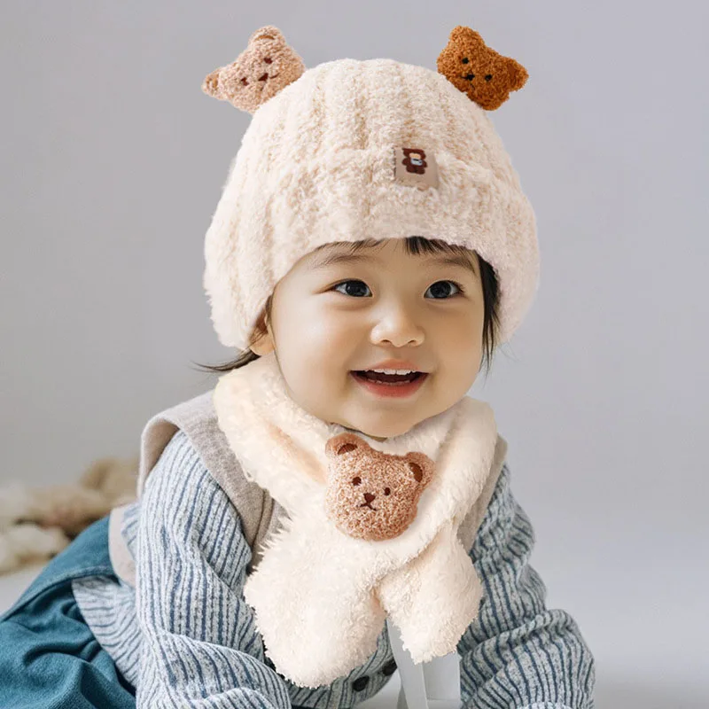 الشتاء الطفل أفخم قبعة 0-2T الكرتون الدب الرضع الفتيات قبعة ووشاح الحلو الدافئة الفراء مبطن قبعة طفل صغير