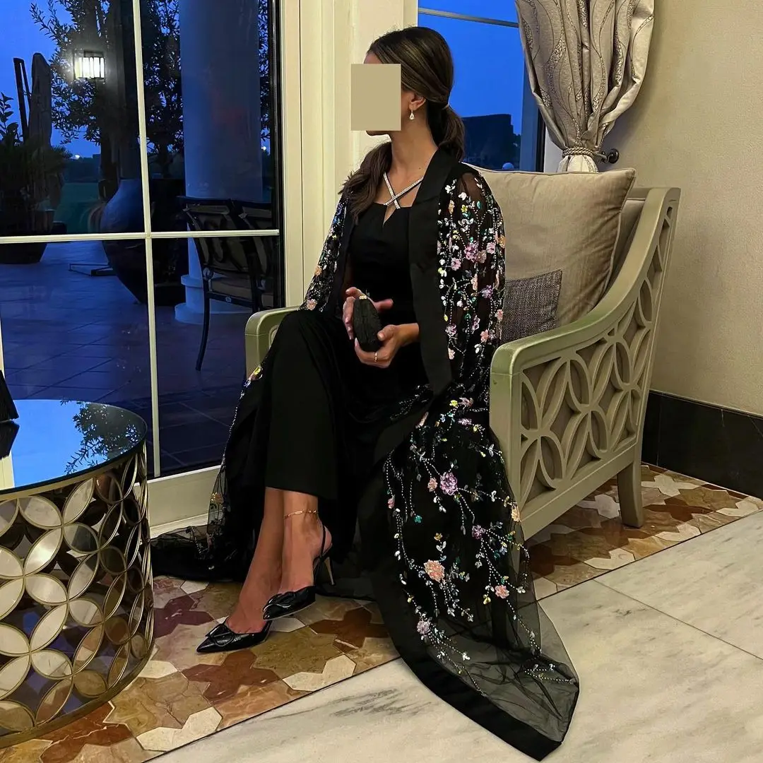 Robe de soirée formelle personnalisée pour femmes, ensemble deux pièces, fleurs 3D, paillettes, robe de bal, Cape, longueur cheville, robe de soirée noire