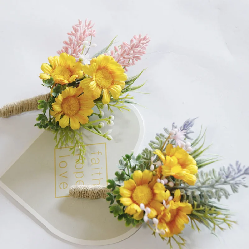 Boutonniere y Corsag de muñeca, margaritas simuladas, arte de flores de boda, celebración de negocios, apertura de invitados, flores de mano, 250