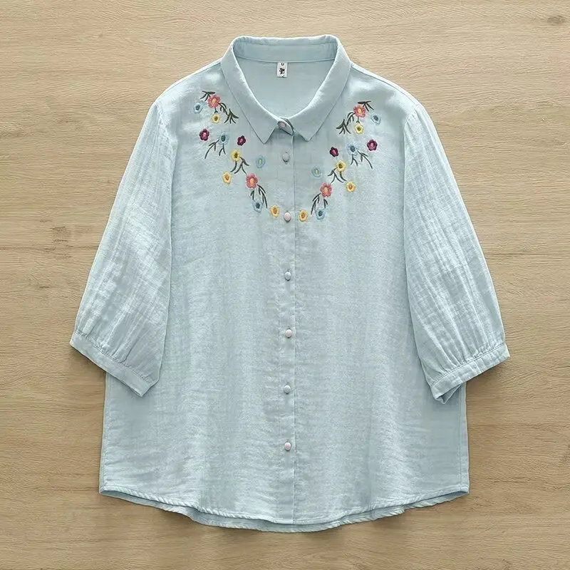 New Summer Cotton Yarn Short Sleeve Polo Neck Embroidery Tops Mori Girl Casual Sweet Loose Retro Blouse 2024 Autumn T46442QM