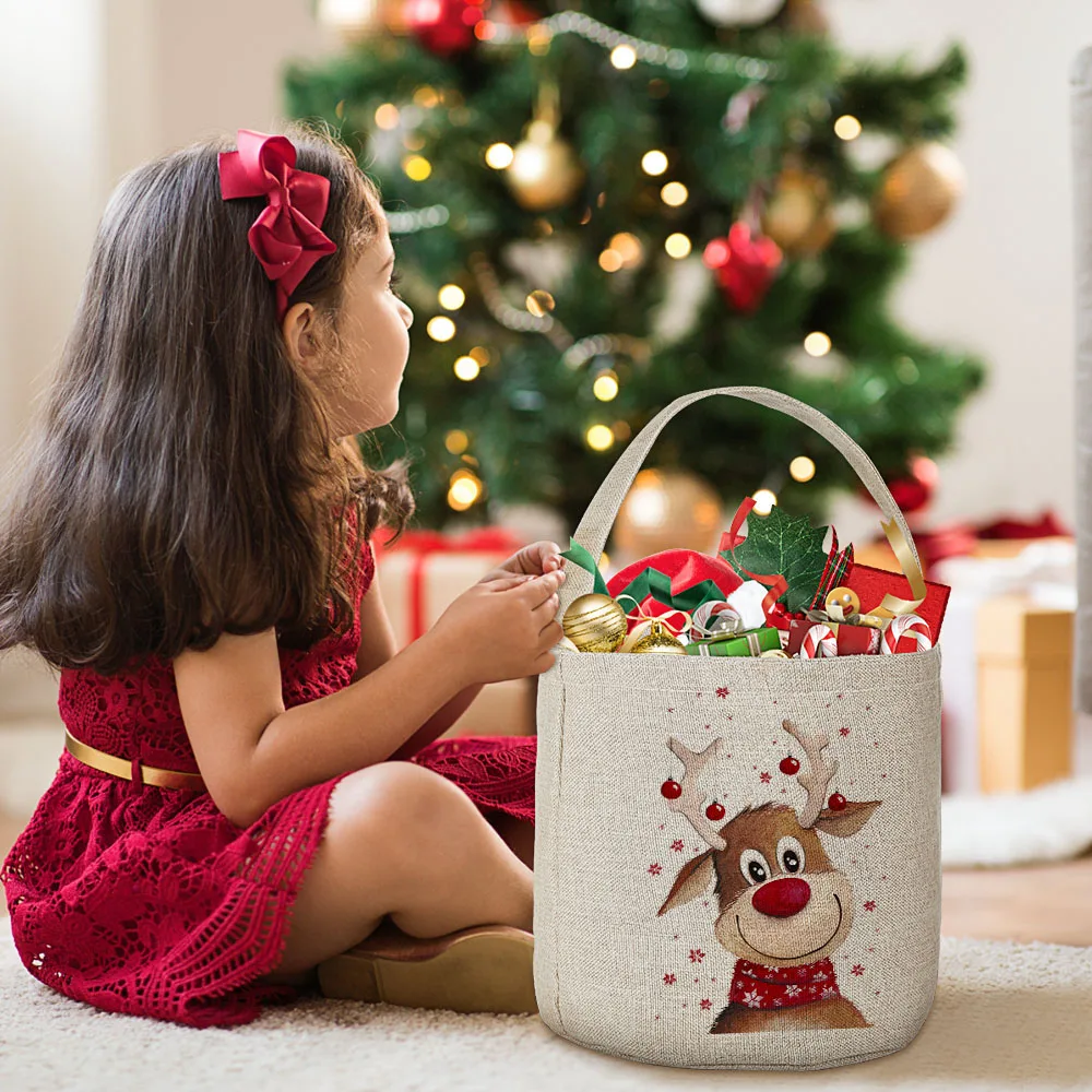 Deer Christmas Tree Santa Print Christmas Sack Bag HandBags Kid Xmas Toy Sack Bucket Tote Elaborate Christmas Gift Bags for Kids