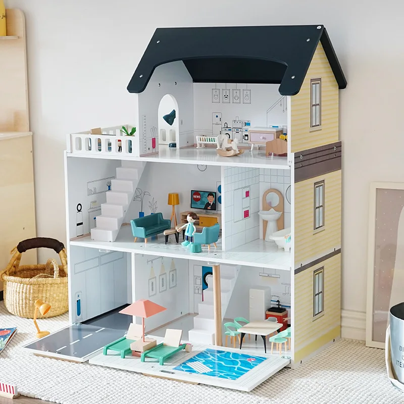 

Large DIY Assembly Wooden Doll House Kids' Play Set with Artificial Princess Room Model Toy for Boys Gift