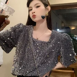 Casual Streetwear Short Sleeve Sexy Crop Tops Elegant Lady T-Shirts O-Neck Blusa Women Fashion Party Glitter Sequin Shirt