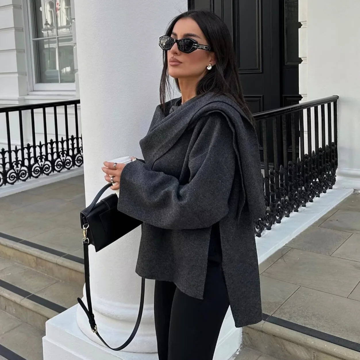 KIDCRKJ Retro Elegant Coat Women Long Sleeve Chic Scarf Demi-season Cape Autumn Winter Wind-proof Scarf Knit Coat Top Streetwear