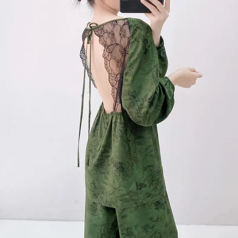 

Sexy Cotton Silk Pajamas Spring Autumn Lace Plus Size Homewear Trend Two Piece Thin Air Conditioner Suit Lingerie Clothes
