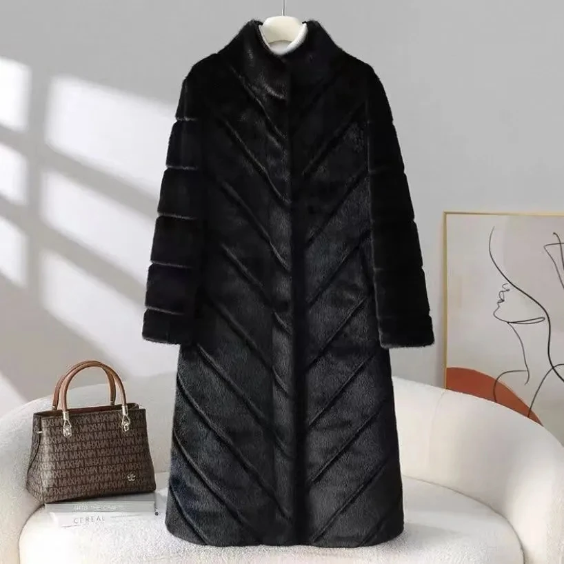 

Зимнее пальто 2025 года оригинального дизайна из утолщенного меха норки с воротником-стойкой, женское, роскошное, до колена, теплое меховое пальто для женщин