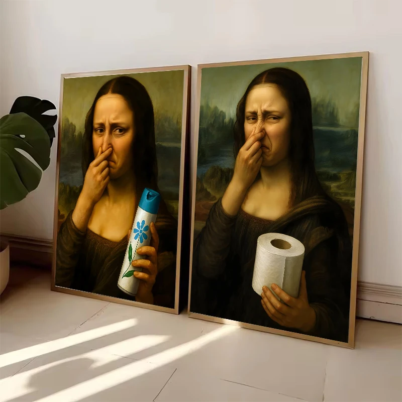 1pc frameless Mona Lisa Bathroom Wall Art Decor Covering Her Nose,Vintage Poster Print Toilet Funny Canvas Painting Wall Picture