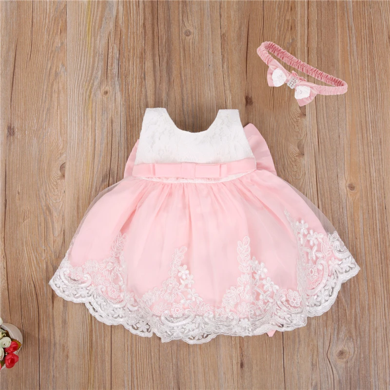 2026 Newborn Baby Princess Girls Dress Headband 6 Colors Sleeveless Lace Bow Flowers Dress Wedding Party Kids Clothes 0-24M