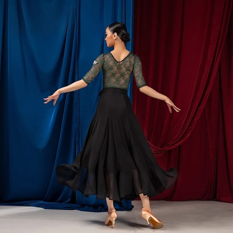 Юбка для латинских танцев Великобритании — женская юбка с воланами для бальных танцев с 3D-цветами по бокам и растяжками, элегантная стандартная танцевальная юбка на косточках