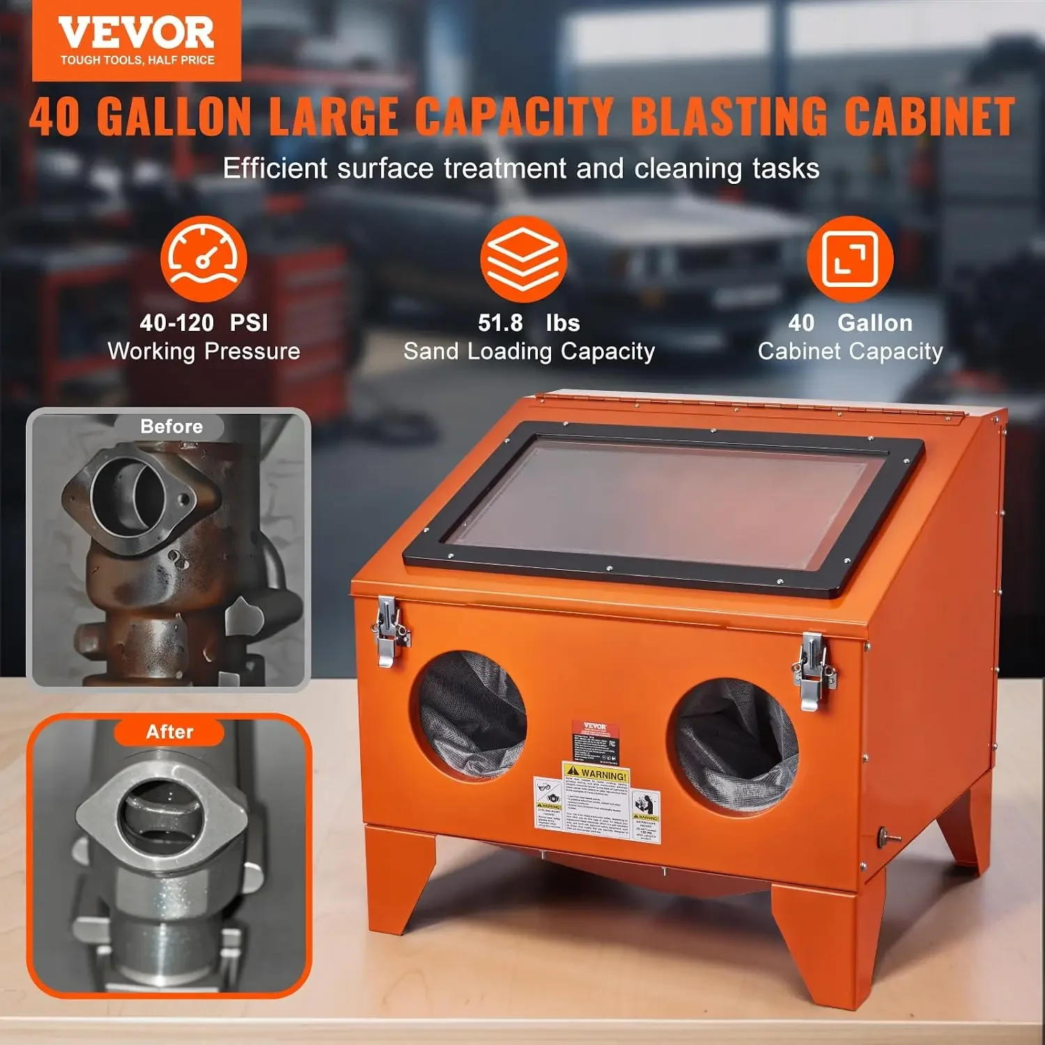 40 Gallon Sandblasting Cabinet, 40-120PSI Portable Benchtop Sand Blasting Cabinet, Heavy Duty Steel Sand Blaster with Blasting &