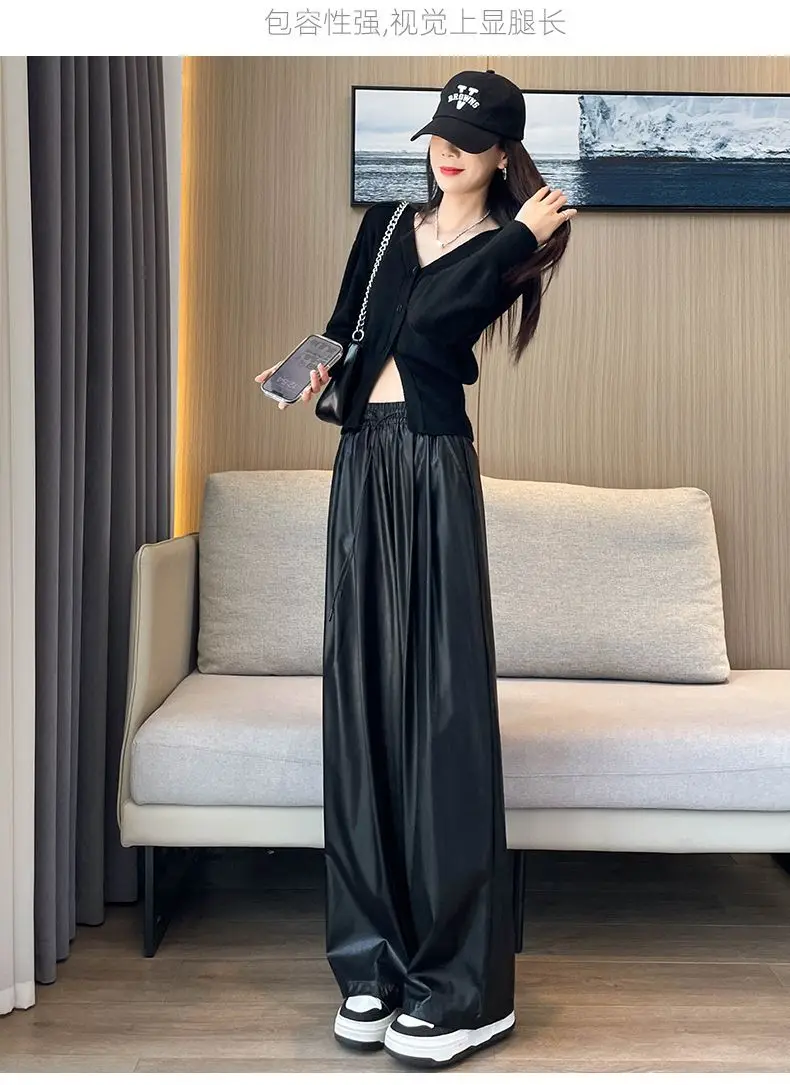 

Широкие брюки из искусственной кожи для женщин, весна-осень, корейская версия, 2022, тонкие эластичные повседневные брюки с высокой талией и завязками, модные