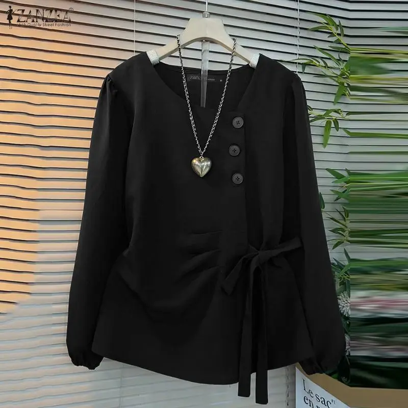 Zanzea camisas elegantes femininas manga longa moda botões blusa de cor sólida primavera bandagem escritório streetwear blusas topos 2026