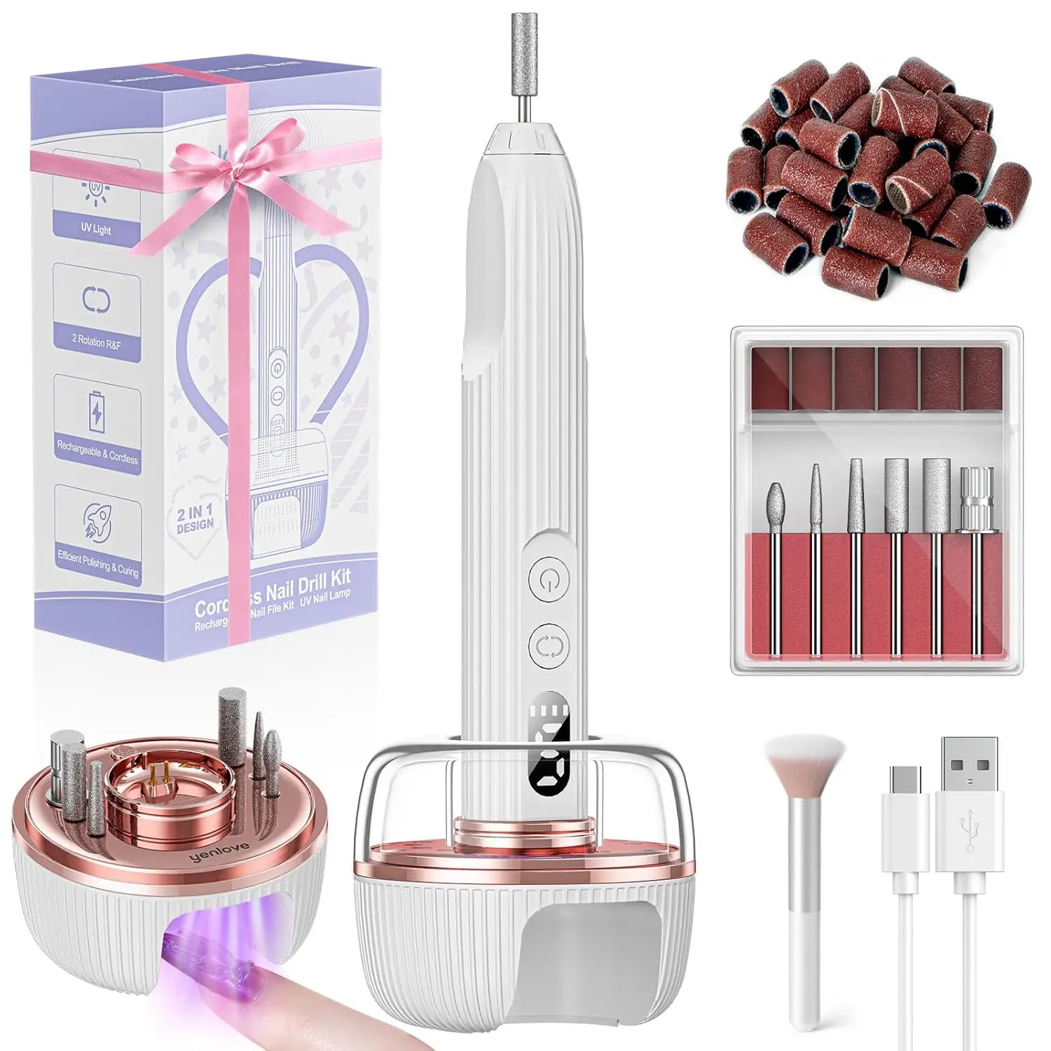 Cordless Electric Nail File with Lamp, Professional E-File Kit for Acrylic Gel Nails – Manicure & Pedicure Supplies