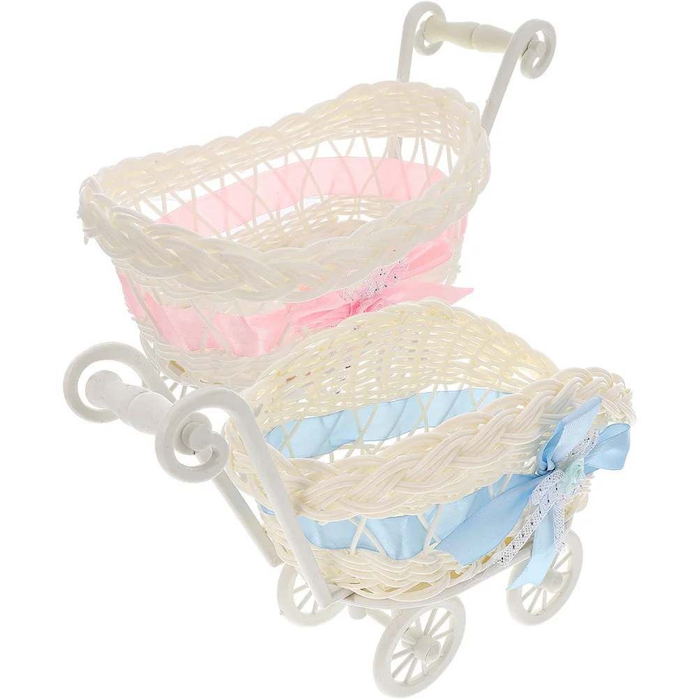 2Pcs Artificial Rattan Stroller Candy Baskets Cute Woven Storage Small Wedding Party Gift Decorative Flower Basket