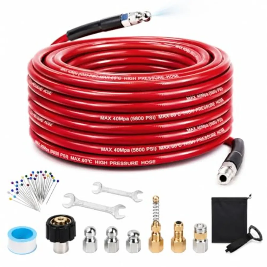 

Sewer Jetter Kit for Pressure Washer, 100Feet 5800 PSI Drain Cleaner Hose with 1/4" NPT Corner, Rotating and Button Hose Sewer