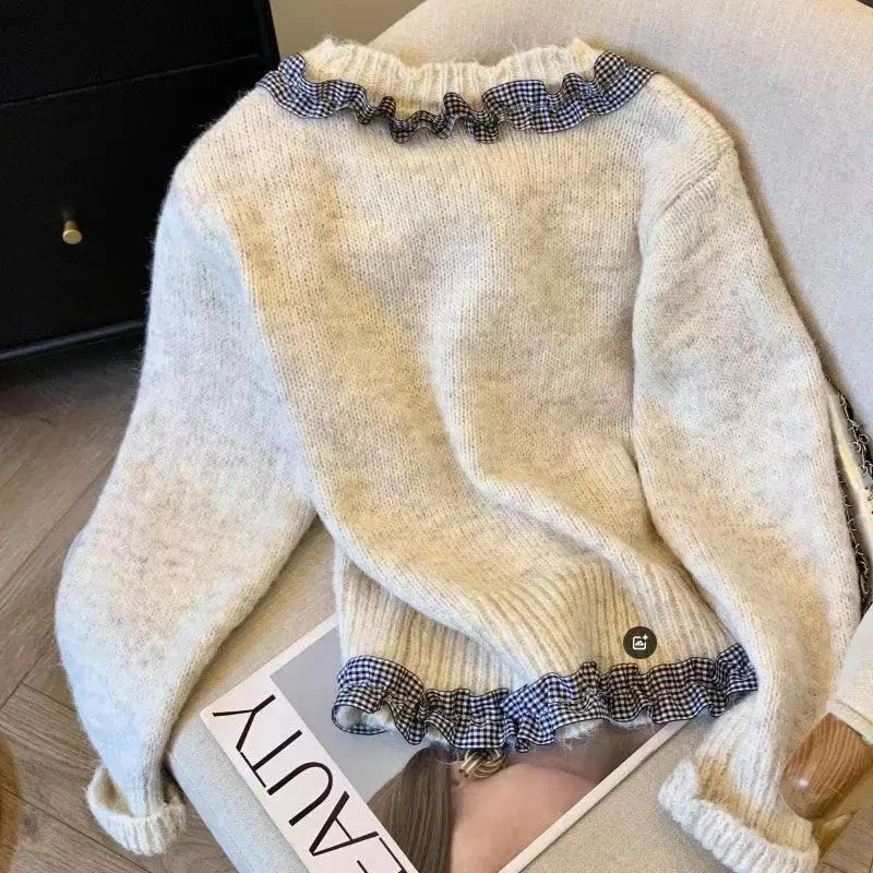 Plaid Ruffles Knitted Cardigan Women Fashion Bow Patchwork Fall Korean Sweaters Loose Casual Chic Long Sleeve O Neck Simple Tops