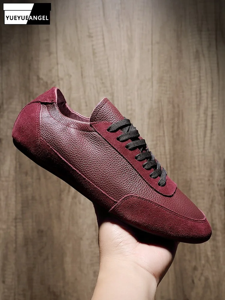 Mens Cowhide Genuine Leather Trainers Footwear Lace Up Jogger Casual Sneakers Designer Vintage Spliced Comfortable Flat Shoes