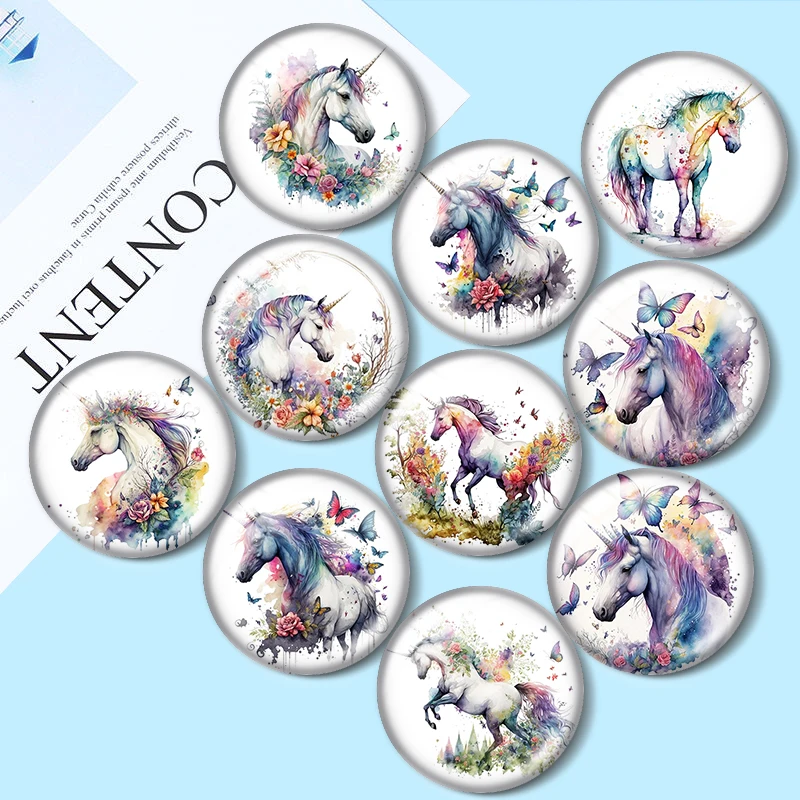 Magical unicorn art painting 10pcs 12mm/16mm/18mm/25mm Round Photo Glass Cabochon Demo Flat Back Making findings