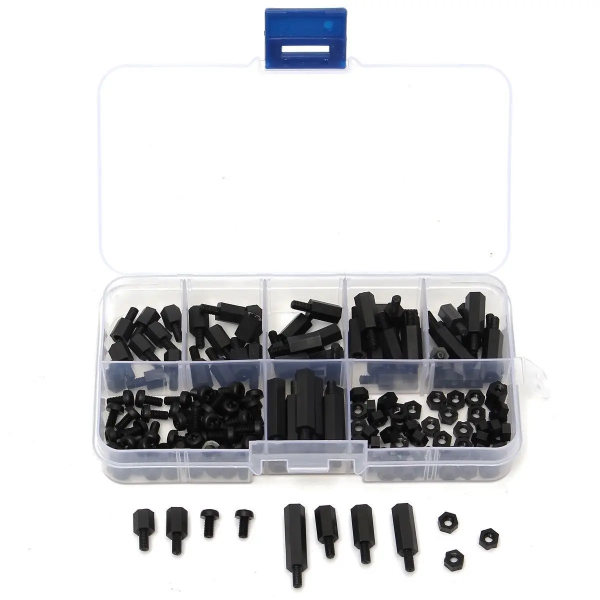 

180Pcs Nylon M3 Hex Male Female Stand off Spacers Screw Nut Kit Box Black