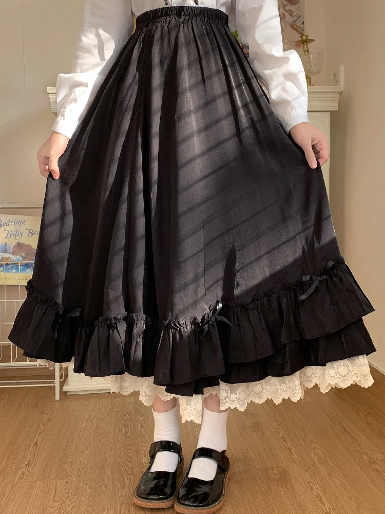 Japanese Sweet Lolita Style Black White Double-Deck Skirt Women\'S Summer High Waist Velvet Cute Kawaii Ruffles Midi Skirt Female