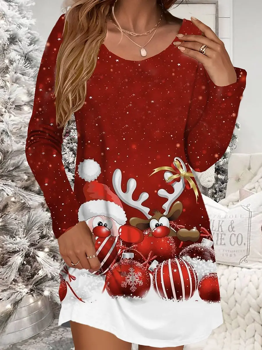 Vestido Rojo de Navidad para mujer, minivestido informal con estampado de copos de nieve, muñeco de nieve, manga larga, cuello redondo, otoño