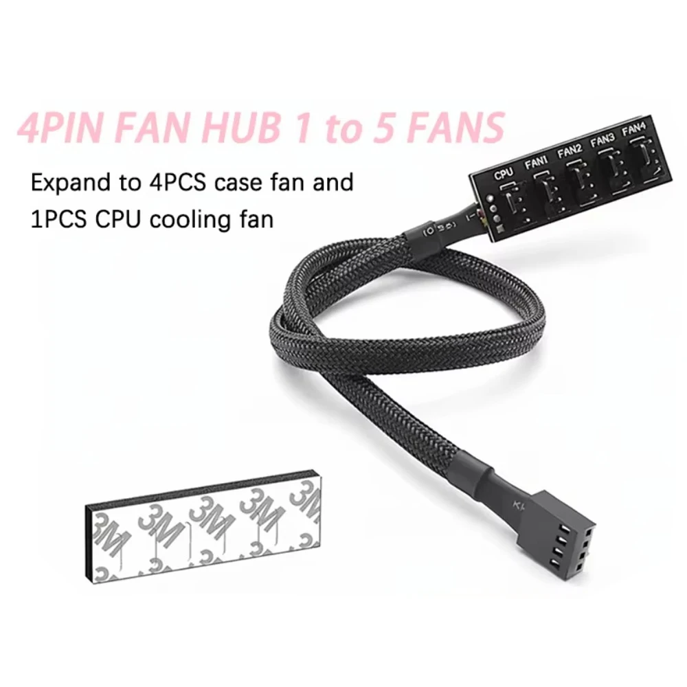 1 to 5 Channel PWM Fan Hub 4Pin Splitter with Self-adhesive Tape for PC CPU Case Fans Speed Controller Cooling Fan Hub Adapter