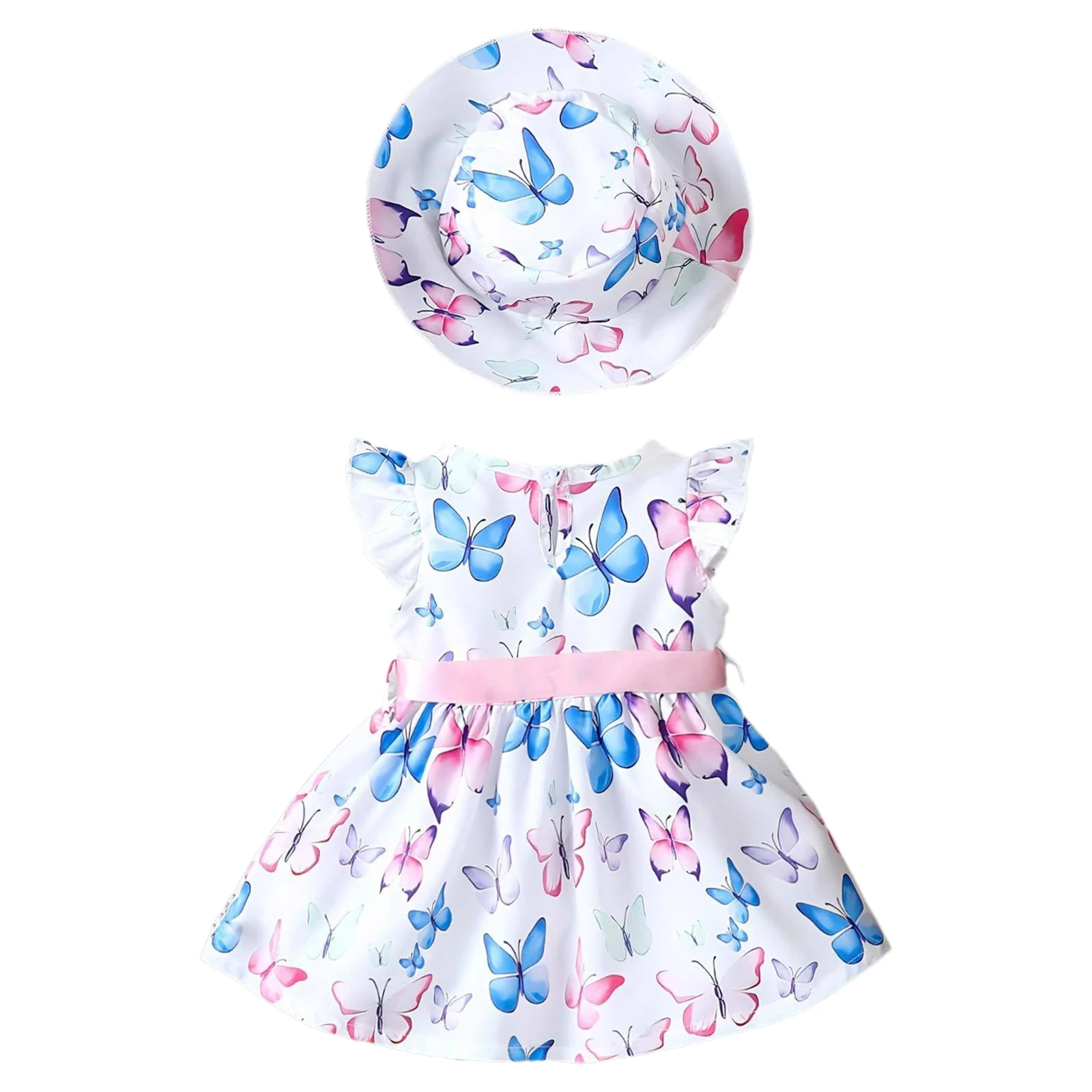 Baby Girls Summer Casual Dress Flying Sleeve A-line Cute Print Sundress with Sun Hat for Daily Birthday Party Travel Holiday