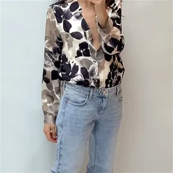 2024ZAR * Spring/Summer Hot Selling New Women's Long sleeved Lapel Flower Printed Silk Satin Texture Satin Hanging Shirt