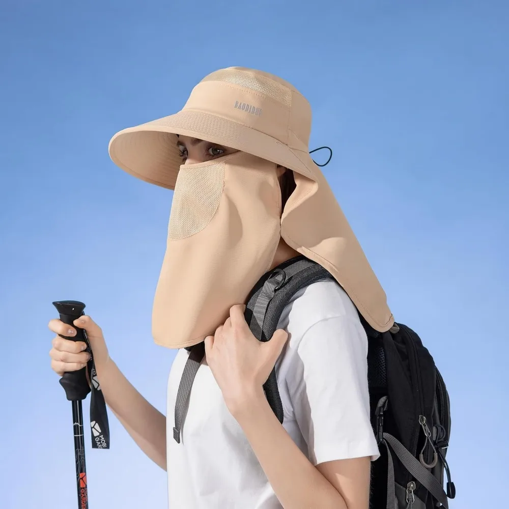 Damski kapelusz przeciwsłoneczny z szerokim rondem, kucyk, ochrona UV, daszek, kapelusze wędkarskie, maska na twarz, odpinany klapka na szyję.