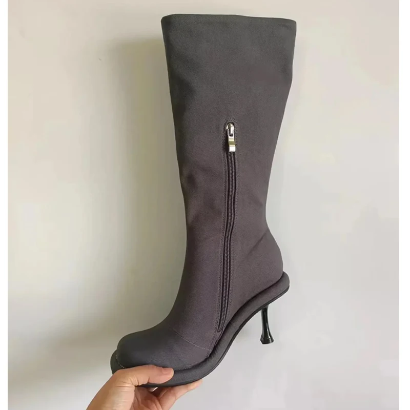 

Grey Denim Round Toe Side Zipper Stilettos Knee High Boots Woman Winter 2026 Fashion Black High Heel Boots for Party