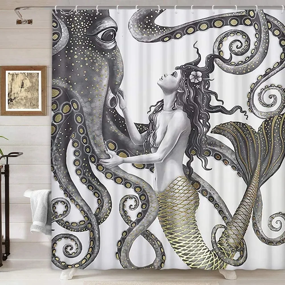 Mermaid Octopus Shower Curtain Set Abstract Ocean Nautical Fantasy Animals Tentacle Sea Turtle Bath Curtains Bathroom Decor Sets