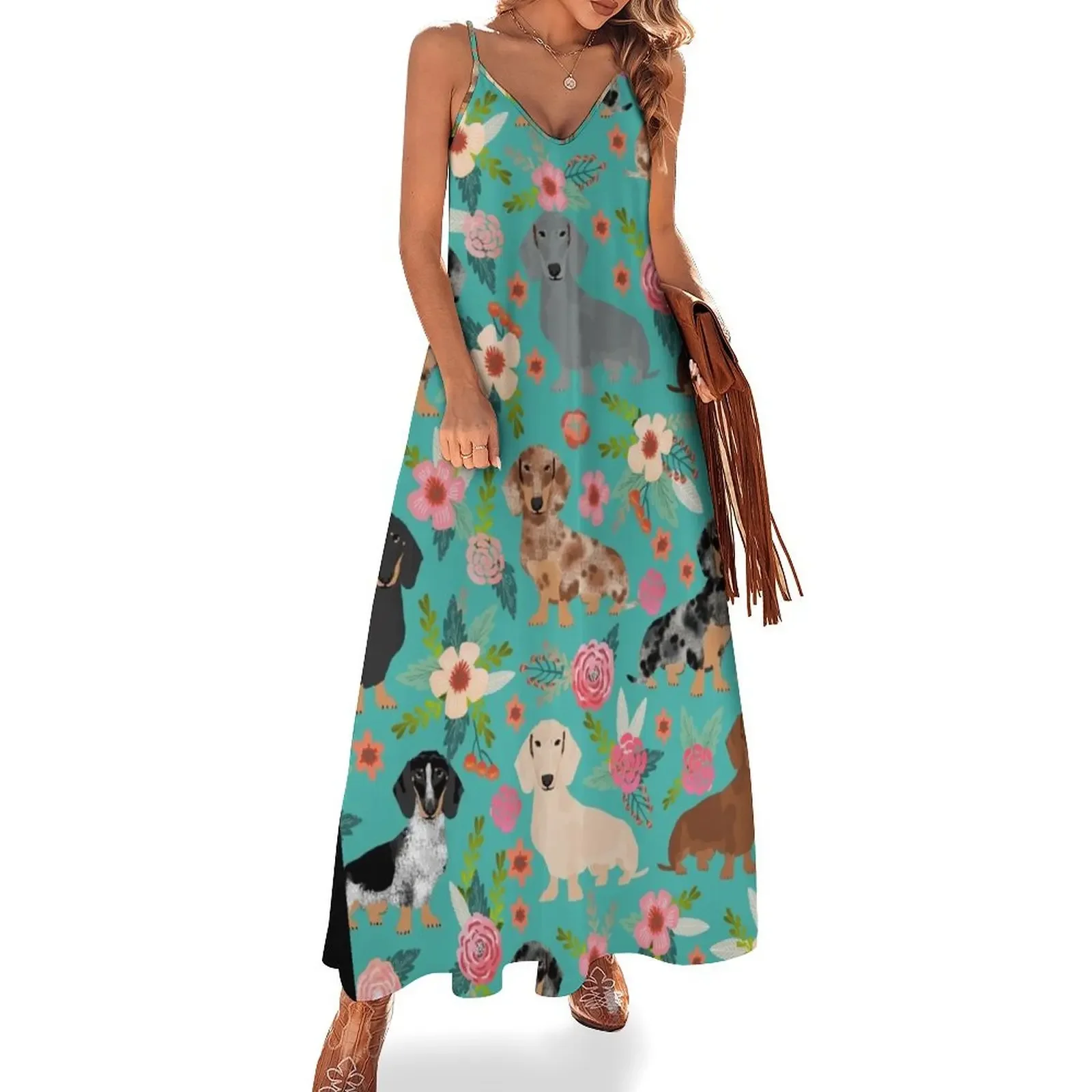 

Dachshund doxie dachsie floral flowers dog breed gifts Sleeveless Dress Prom gown evening dress ladies Women's dress