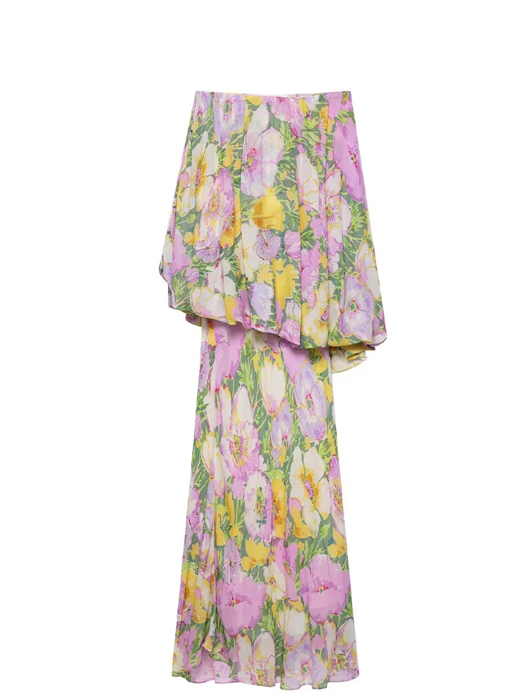 HH Women Fashion Irregular Flower Print Pleated Decoration Long Dress Female Summer Elegant Sexy Single-Breasted Slim Dress