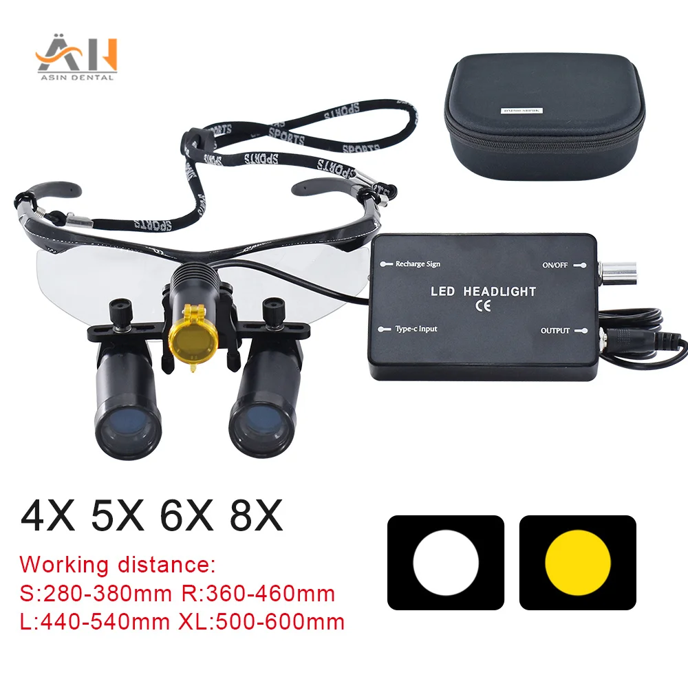 Magnifying Glasses Medical Loupes 4X 5X 6X 8X Binocular Magnifier 5W LED Dental Headlight Surgical Headlamp with yellow Filter