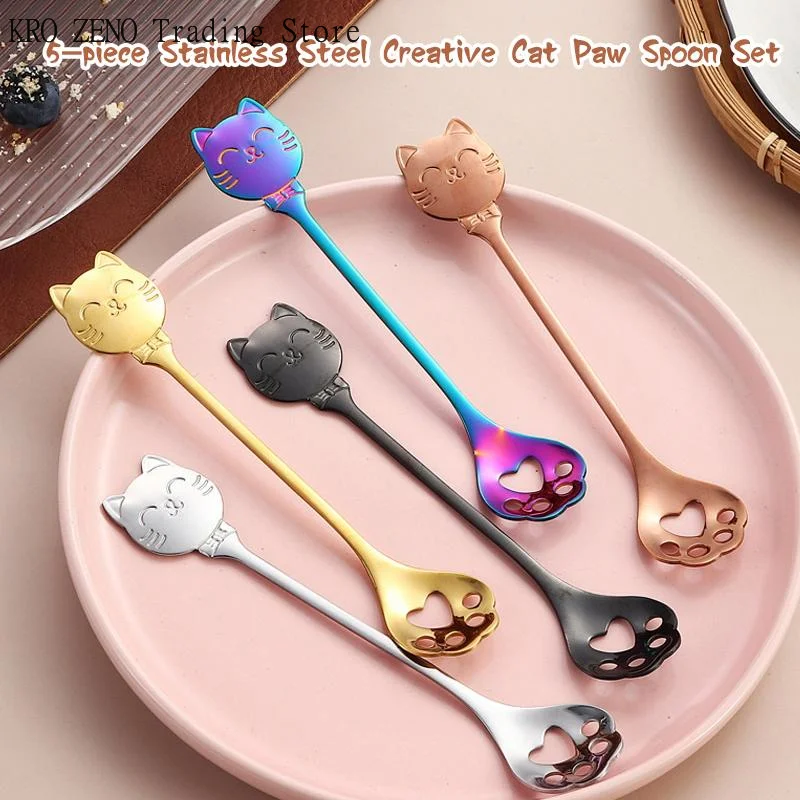 🔝5PCS Set 304 Stainless Steel Cat Spoon Creative Cartoon Hanging Edge Spoon Cute Coffee Spoon Gold-plated Stirring Spoon✨