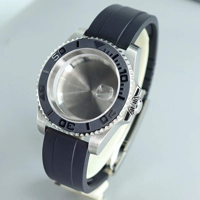 NH35 40mm Sliver Watch Case Rubber Strap with Sapphire Crystal 120clicks For SUB GMT NH35 NH36NH34/Miyota8215/Eta2824 28.5mmDial