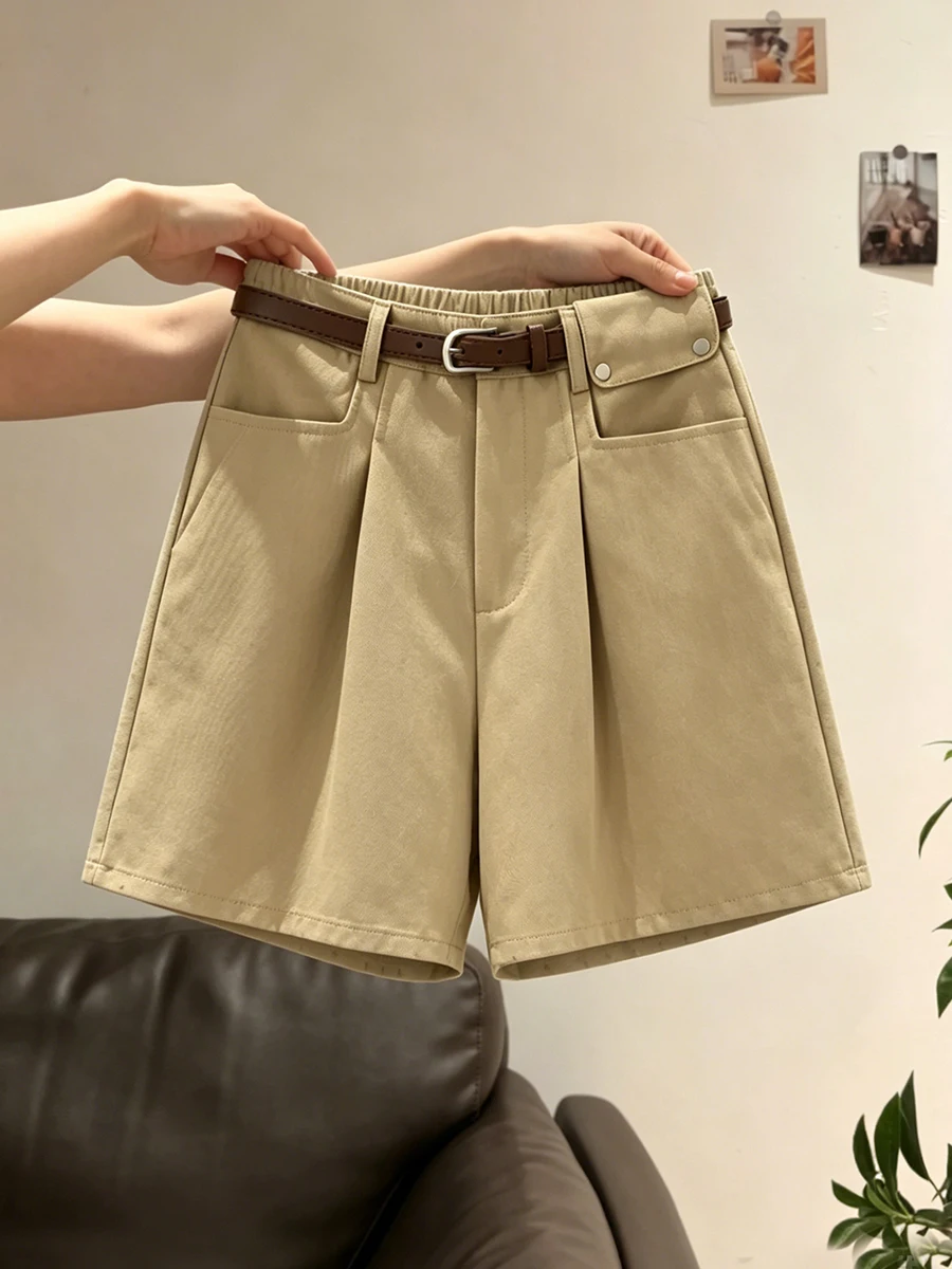 

High Waist Wide Leg Straight Cut Pants Women's Summer New Style Belted Versatile Casual Shorts Loose Fit Classic Style