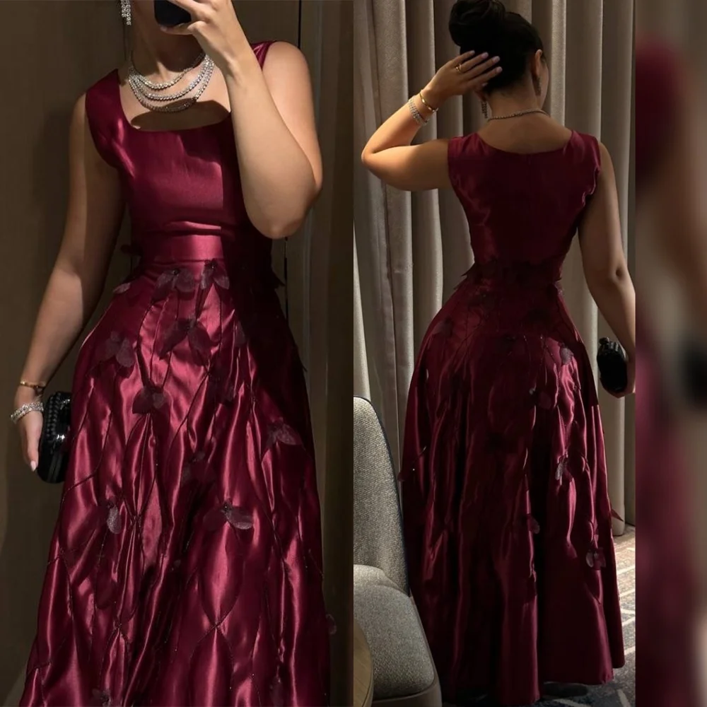 

Customized Exquisite Burgundy Satin Evening Dress High Quality Square Collar Cap Sleeve Prom Dress Zipper Back Cocktail Dress