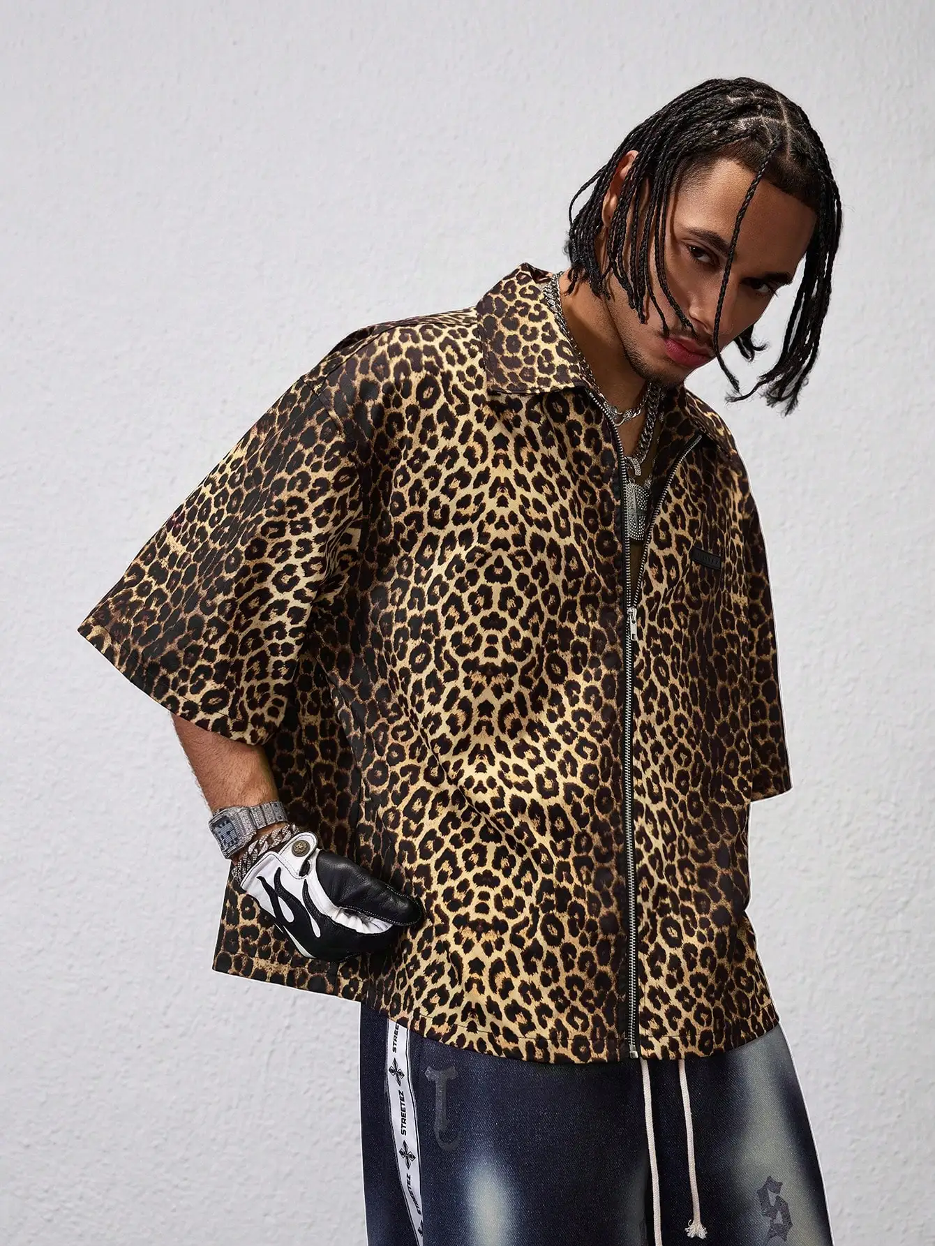 

Men's Leopard Print Front Zipper Shirt, Loose Fit Streetwear Style