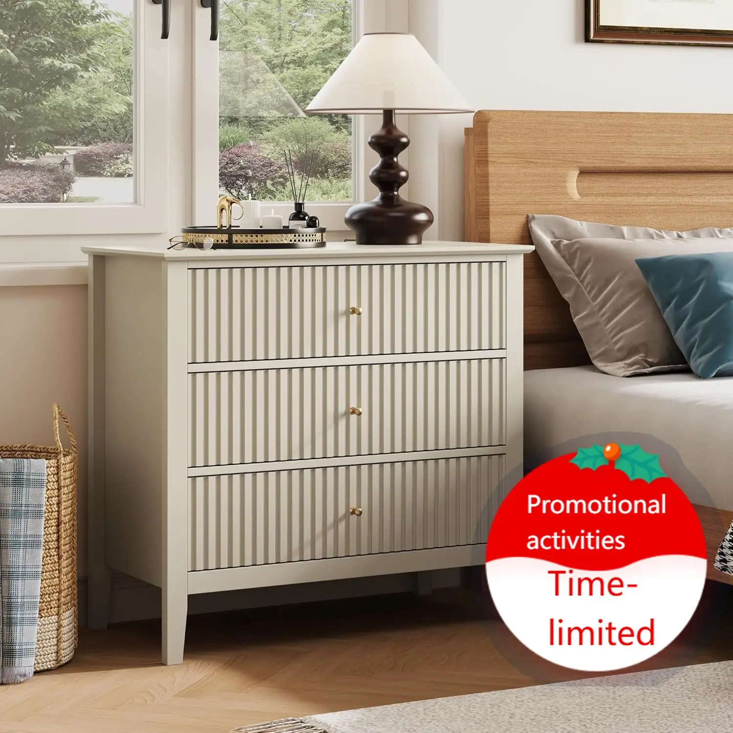 

32" Large Nightstand, Fluted Painted Bedside Table with 3 Spacious Drawers, Modern Tall End Table for Bedroom, Beige