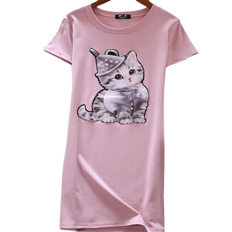 

Summer Pink Long Fashion Girl T Shirt Elasticity Slim Diamond Adorkable Cat Women Tees Bowtie Chrysanthemum Hat Tops