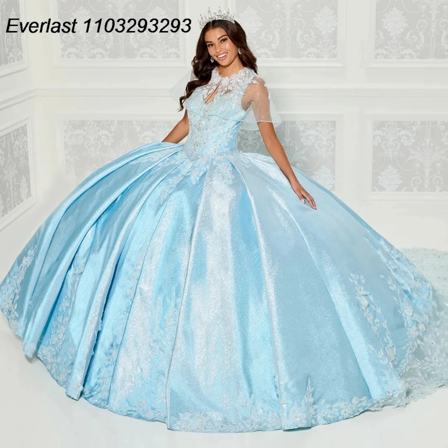 EVLAST Shiny fucsia Quinceanera Dress Ball Gown Gold Lace Applique Beading Crystal con Cape Sweet 16 Vestido 15 De aecos TQD216