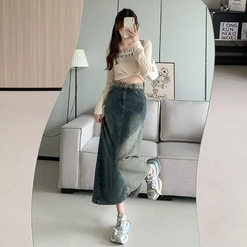 

Джинсовая юбка больших размеров с высокой талией, цвет ретро, Blo Ba, женская осенняя длинная юбка с запахом для похудения, силуэт трапециевидной формы